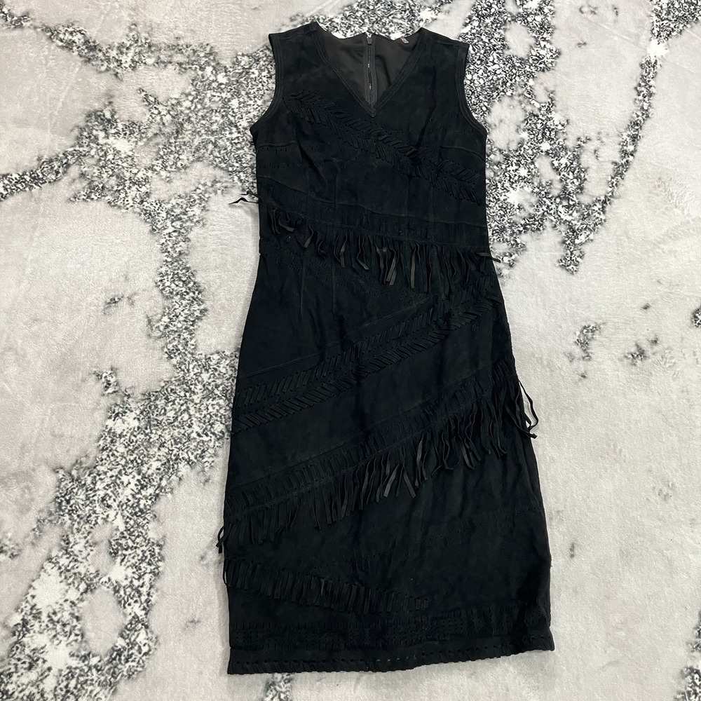 Elie Tahari Black Fringe Suede Sheath Dress Sleeveless V Neck Womens Size 0